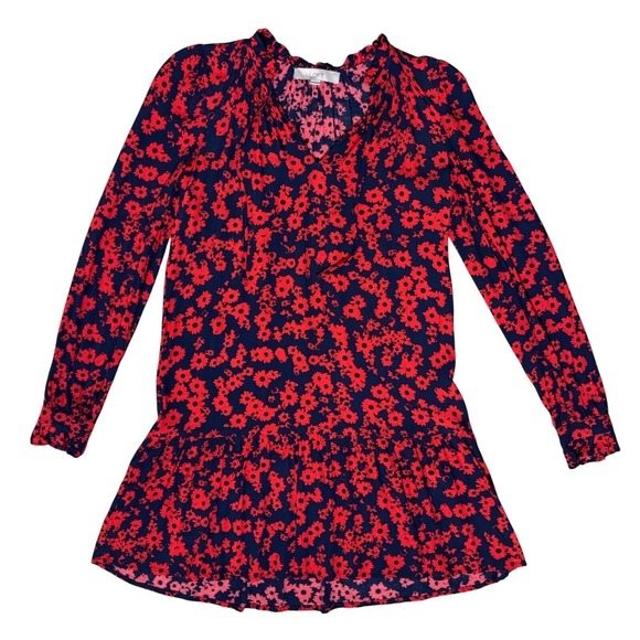 LOFT Dresses & Skirts - LOFT Dress XS Navy Blue Red Floral Print‎ Drop Waist Ruffle Mini Cottagecore